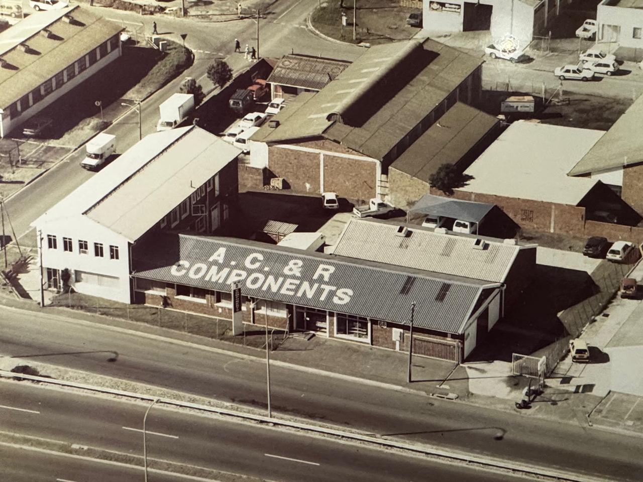 Aerial heritage photo of A-C & R Components' original premises at 66 Marine Drive, Paarden Eiland